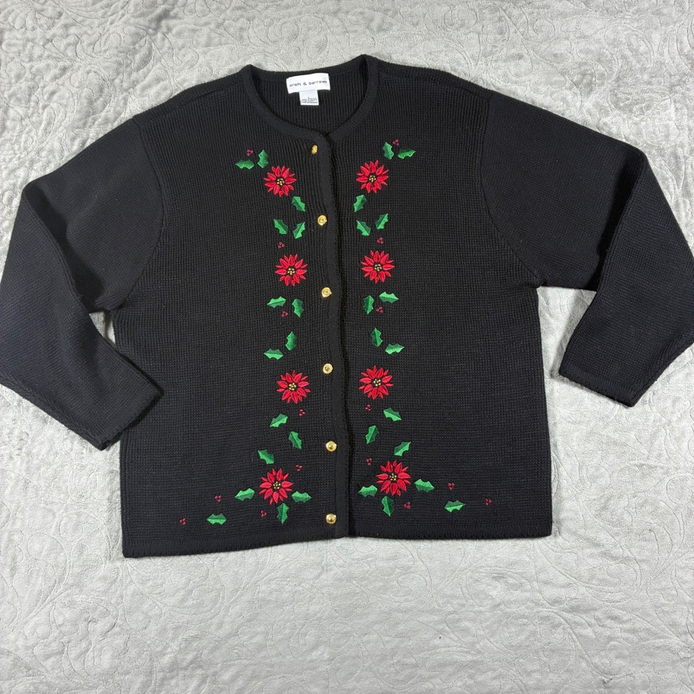 Croft & Barrow Christmas Holiday Sweater Cardigan Size L Black Poinsettia
